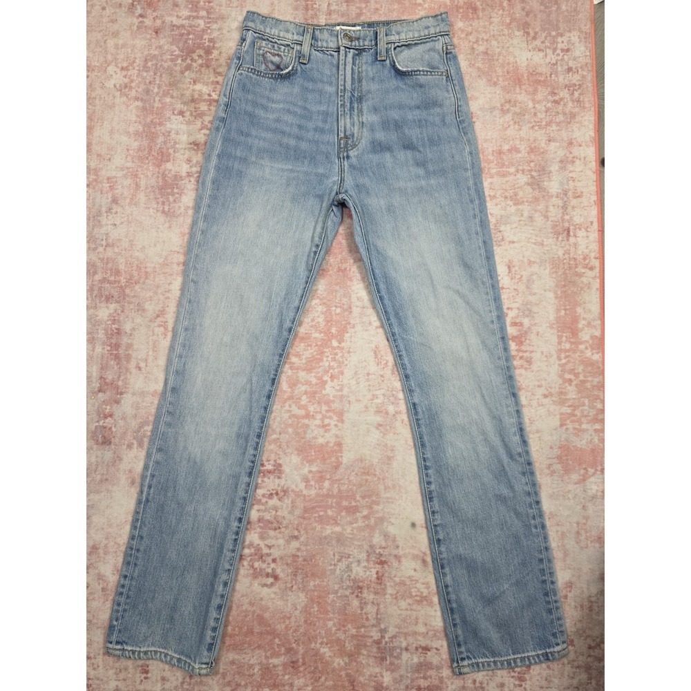 High Rise 90s Relaxed Straight Leg Jeans Light Wash Blue with Embroidered Heart